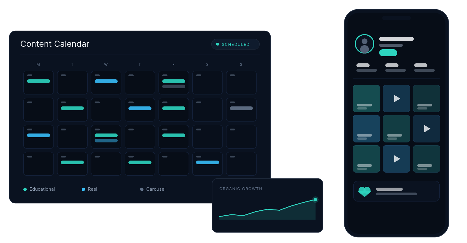 A content calendar of scheduled posts beside a phone showing a clean, on-brand social feed and a rising organic growth chart