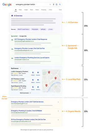 Annotated London search results page showing AI Overview, Google Ads, local map pack and organic listings and how much screen space each occupies.