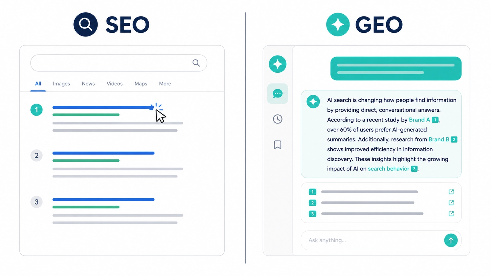 SEO versus GEO comparison graphic showing how traditional search optimisation differs from generative engine optimisation