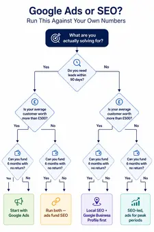 Decision tree flowchart helping UK businesses choose between Google Ads and SEO based on budget, customer value and urgency.