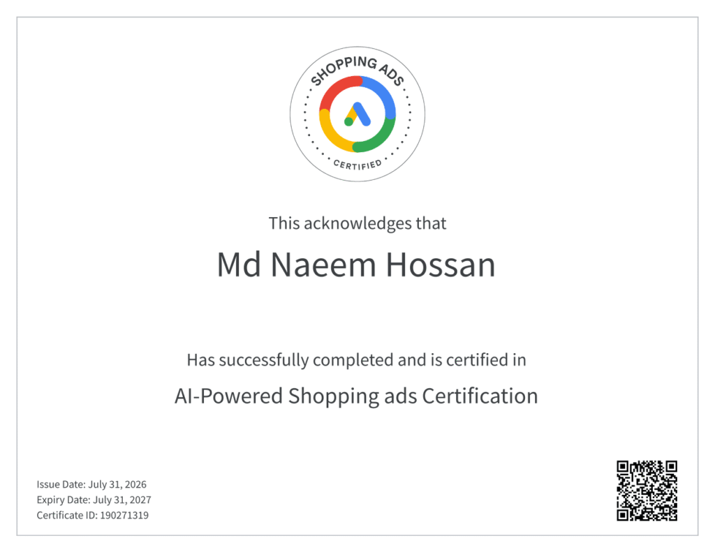 AI-Powered Shopping Ads certification awarded to Md Naeem Hossan