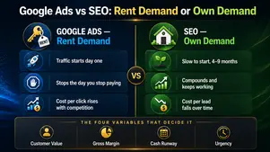 Infographic comparing Google Ads and SEO for London businesses, showing paid search as rented demand and SEO as owned demand across cost, speed and longevity.