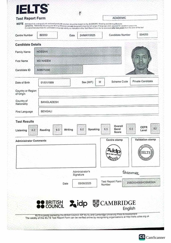IELTS certificate awarded to Md Naeem Hossan