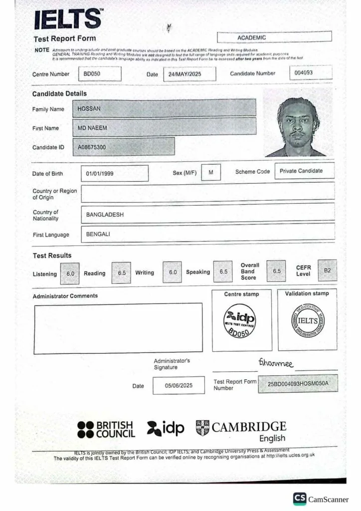 IELTS certificate awarded to Md Naeem Hossan