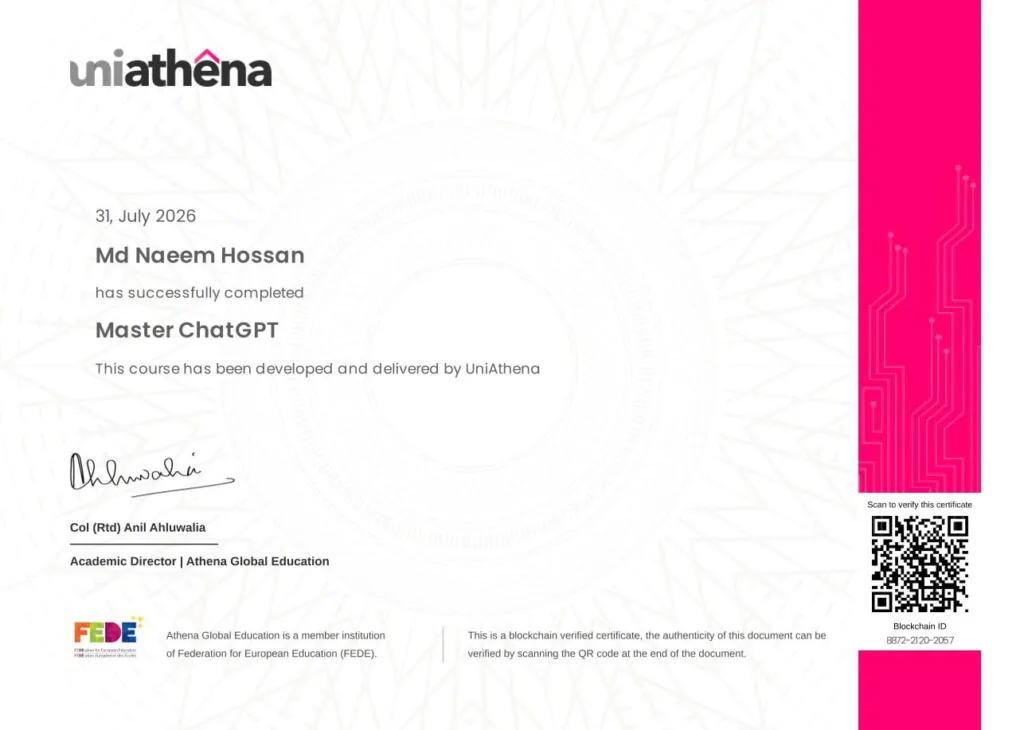 Master ChatGPT certification awarded to Md Naeem Hossan