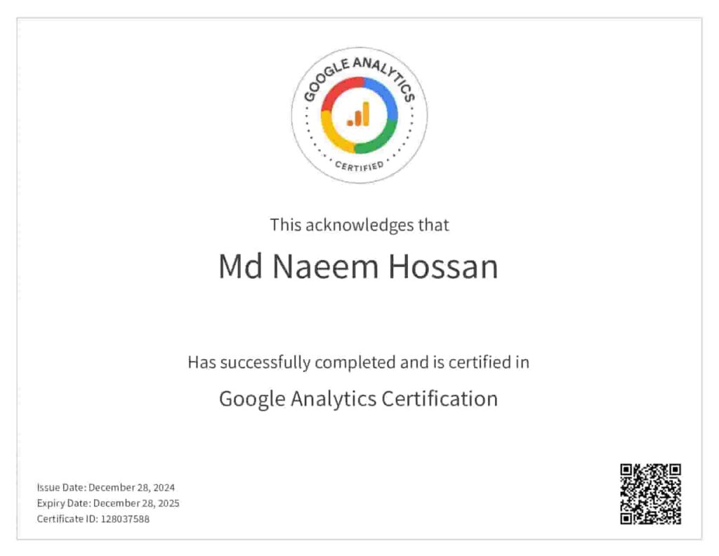 Google Analytics certification awarded to Md Naeem Hossan