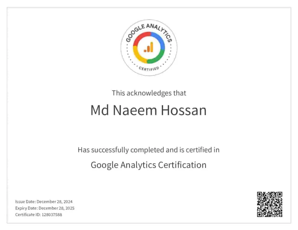 Google Analytics certification awarded to Md Naeem Hossan