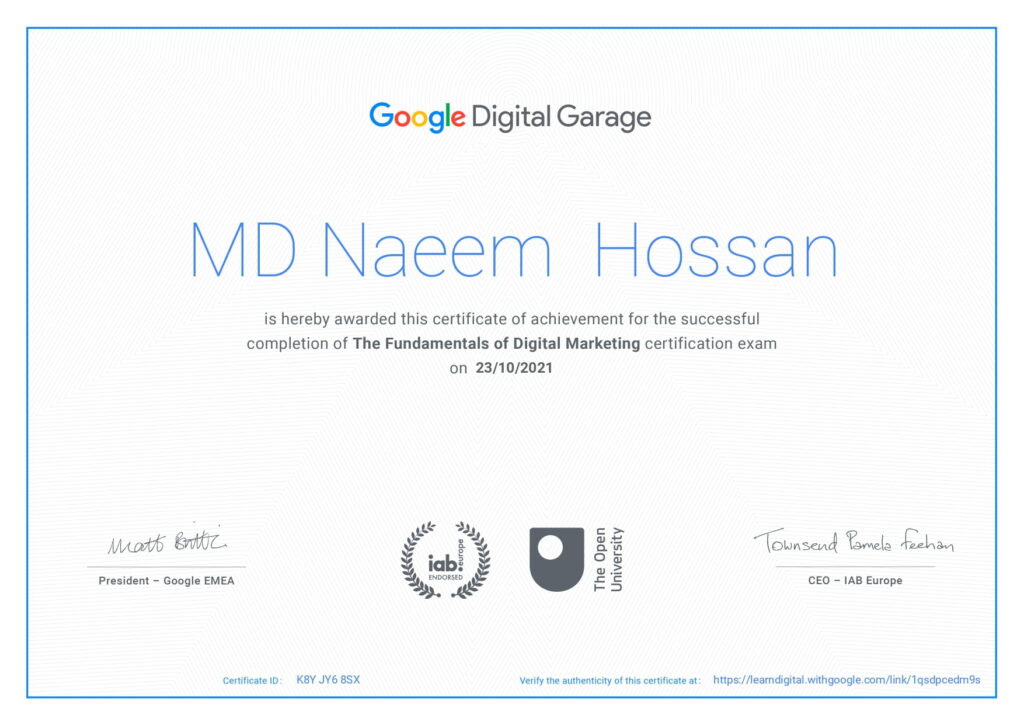 Google Digital Garage certificate awarded to Md Naeem Hossan