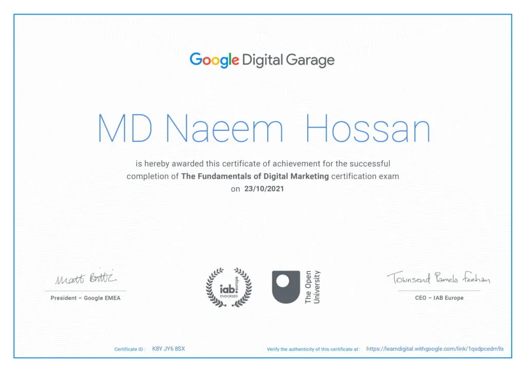 Google Digital Garage certificate awarded to Md Naeem Hossan